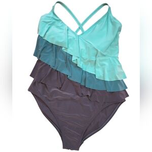 NWT Beyond Control Women's Ruffle-Tiered Color Block One Piece Swimsuit Size 12